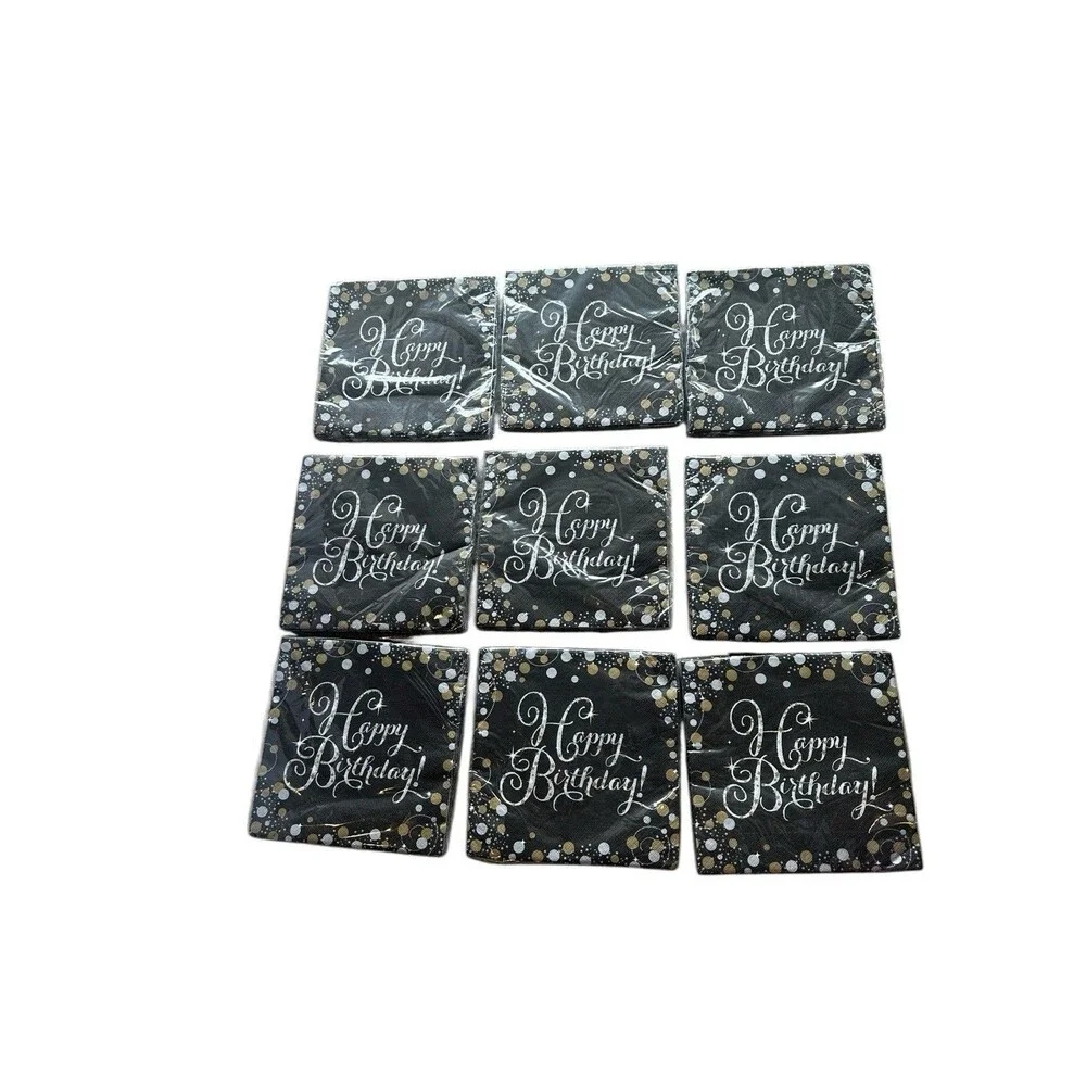 Lot of 9 Packages of Happy Birthday Luncheon Napkins 16 Count Each 2 Ply Black